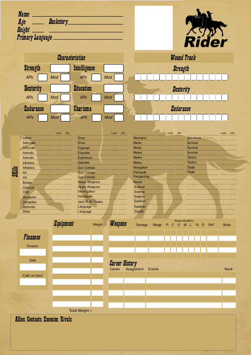 Rider Fillable Character Sheet PDF